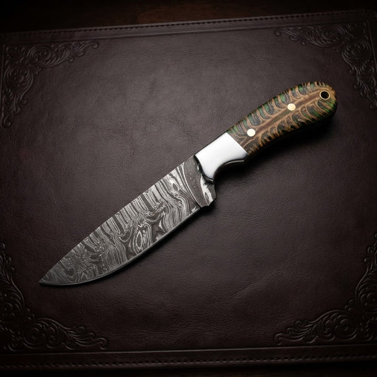 Handmade Damascus Steel Cowboy Knife Pinecone Handle Pancake Leather Sheath
