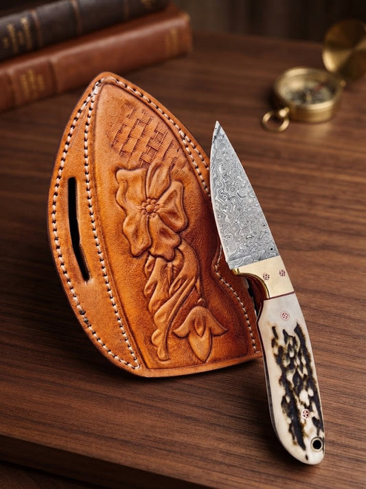 Handcrafted Damascus Cowboy Hunting Knife with Genuine Stag Antler Handle and Hand-Carved Leather Sheath