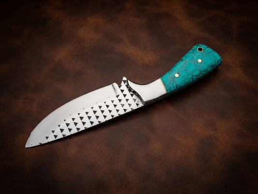 Custom Hunting Knife with Turquoise Resin Handle & Rasp Blade with Leather Sheath