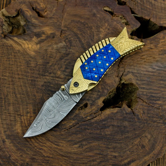 Blue & Gold Damascus Folding Knife – Ornate Pocket Knife with Decorative Handle
