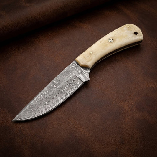 Handcrafted Custom Damascus Cowboy Knife –Genuine Bone Handle & Leather Sheath