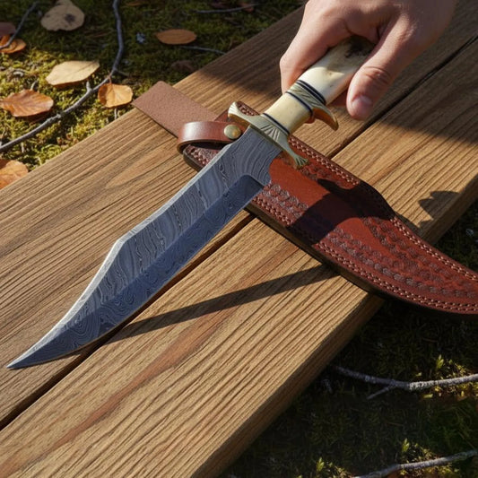Handcrafted Damascus Steel Bowie Knife with Bone & Horn Handle