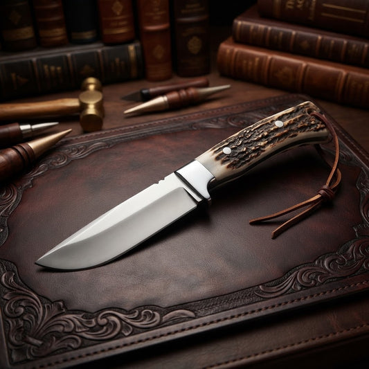 Handcrafted Custom Hunting Knife with Stag Antler Handle & Leather Sheath