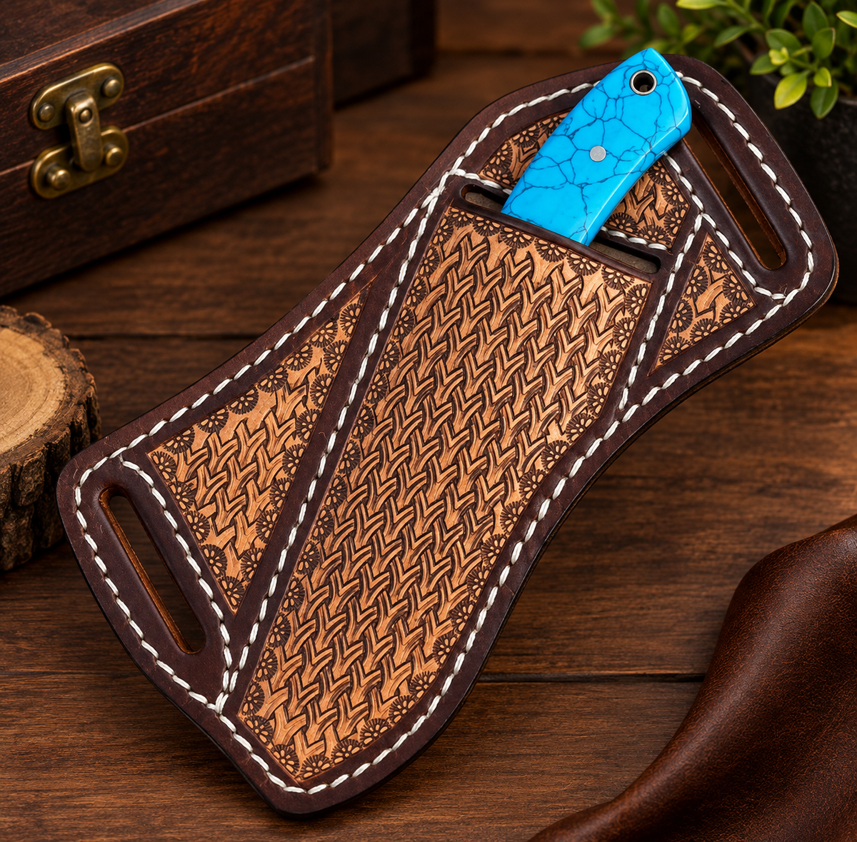 Handcrafted Cowboy Hunting Knife with Damascus Steel Blade, Resin Handle & Leather Sheath