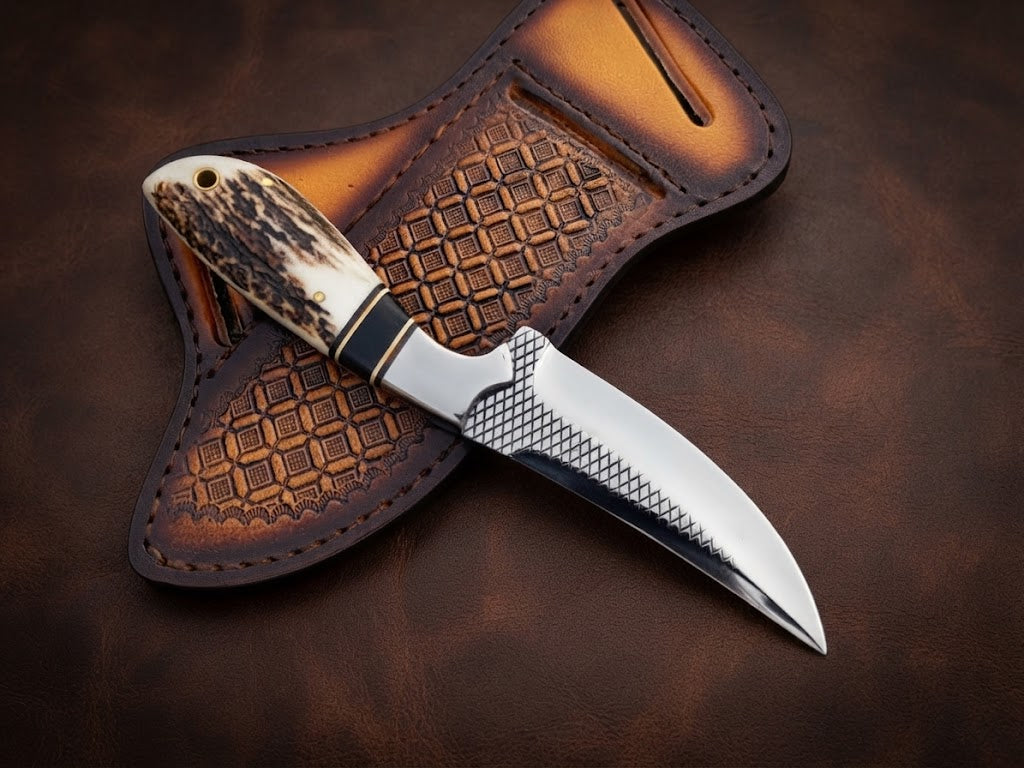 Custom Handcrafted Cowboy Stainless Steel Stag Handle Hunting Knife with Leather Sheath