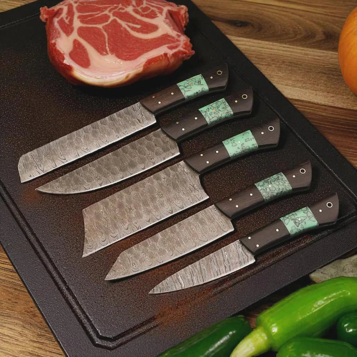 Damascus Steel Chef Knife Set 5 Pcs with Wooden handle