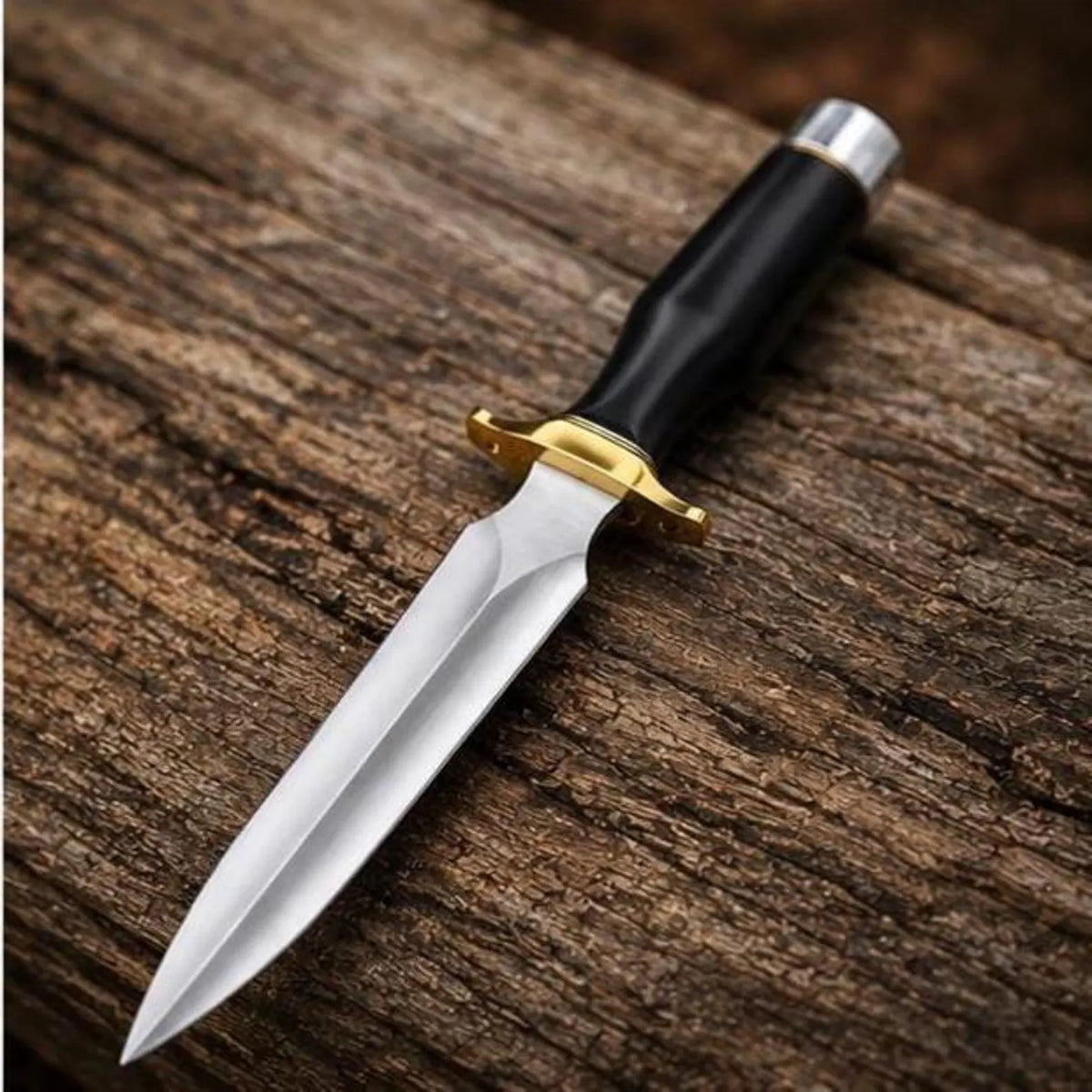 Hunting Bowie Knife – Fixed Blade with Black Handle & Gold Guard