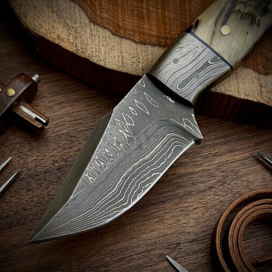 Custom Hand-Forged Damascus Steel EDC Fixed Blade Knife with Custom Leather Sheath