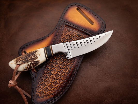 Custom Handcrafted Cowboy Stainless Steel Stag Handle Hunting Knife with Leather Sheath
