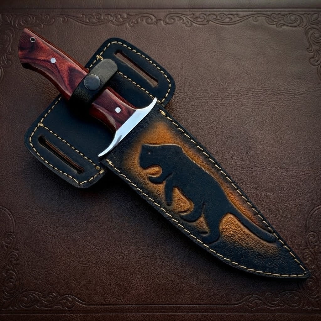 Custom Bowie Hunting Knife Pakka Wood Handle High-Polish Steel Blade & Leather Sheath