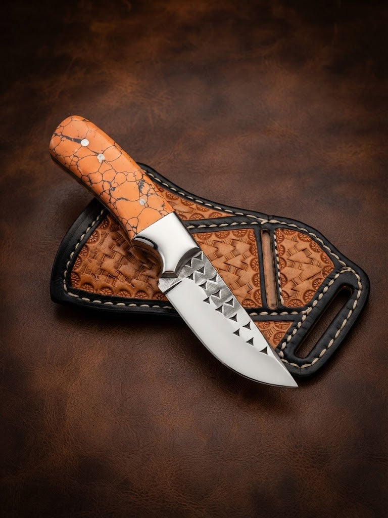 Handcrafted Custom Cowboy Hunting Knife Orange Resin Handle & Rasp Blade
