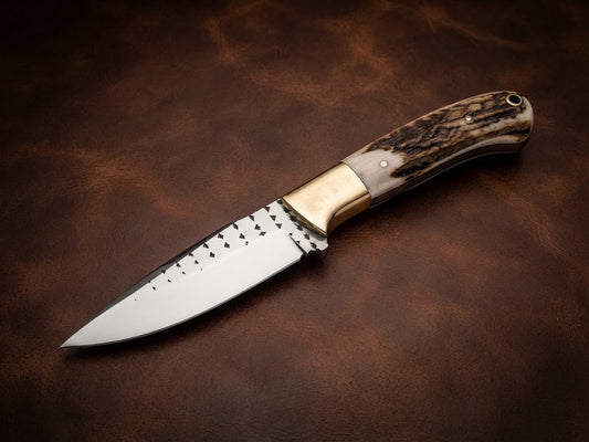 Custom Handmade Stag Antler Hunting Knife Rasp Blade & Brass Guard