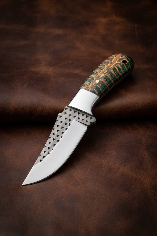 Custom Handmade Cowboy Hunting Knife with Green Pinecone Handle & Rasp Blade