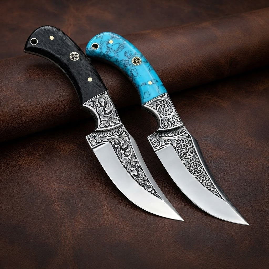 Hand-Engraved D2 Steel Hunting Knife Pair with Turquoise Resin & Wenge Wood Handles