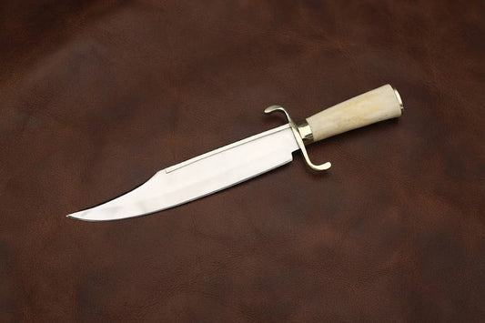 Handcrafted D2 Steel Musso Bowie Hunting Knife with Bone Handle and Leather Sheath