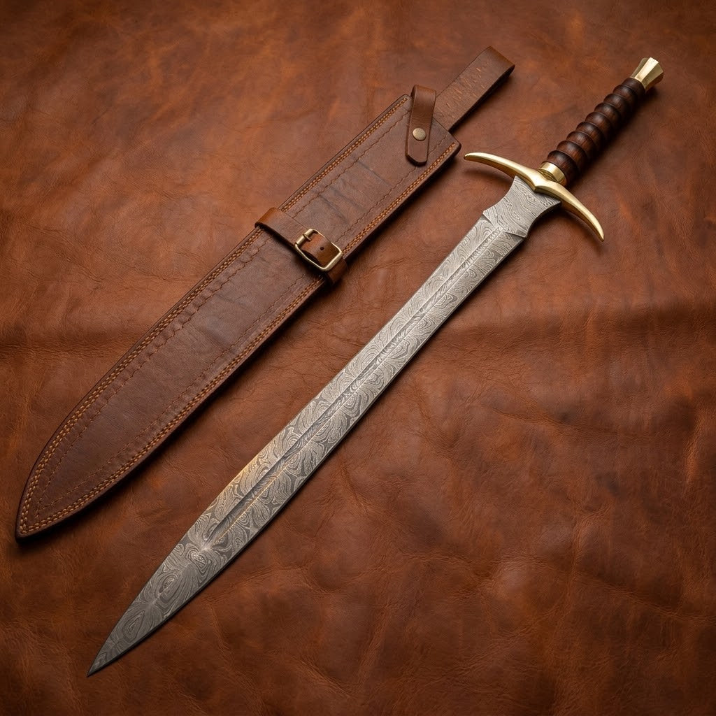 Handcrafted Damascus Steel Viking Sword with Brass and Wood Handle & Leather Sheath