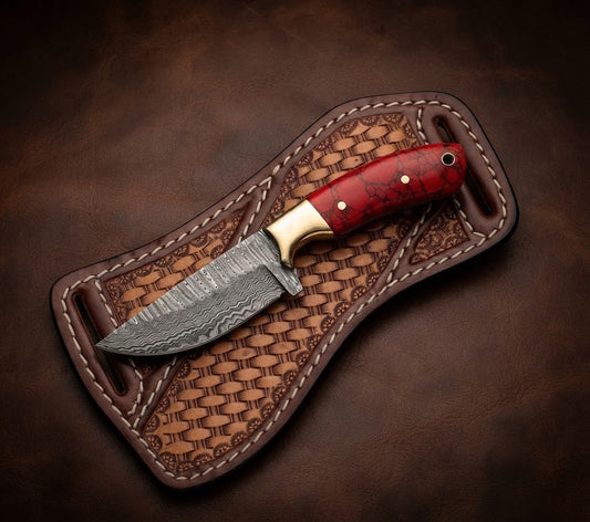 Handcrafted Damascus Steel Cowboy Hunting Knife with Red Resin Handle & Leather Sheath
