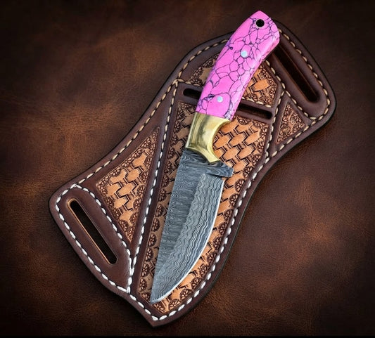 Handcrafted Custom Cowboy Hunting Knife Premium Pink Resin Handle & Damascus Steel Blade