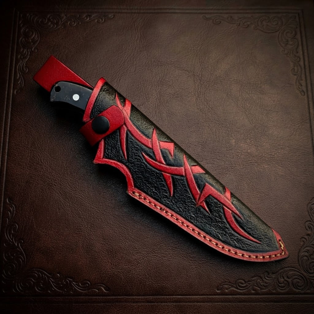 Custom Fixed Blade Hunting Knife Black & Gold Resin Handle Steel Bolster & Leather Sheath