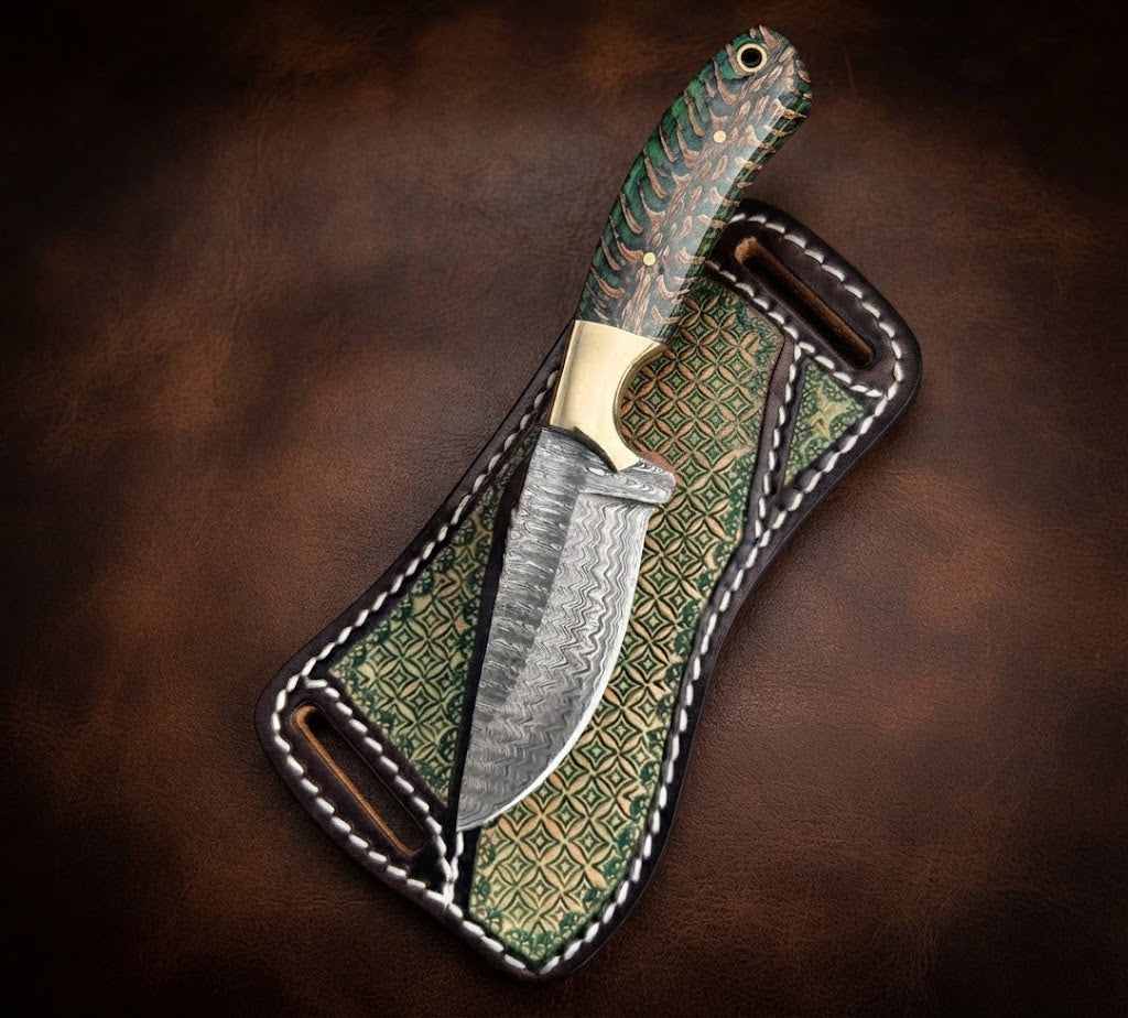 Handcrafted Damascus Steel Cowboy Hunting Knife with Pinecone Handle & Leather Sheath