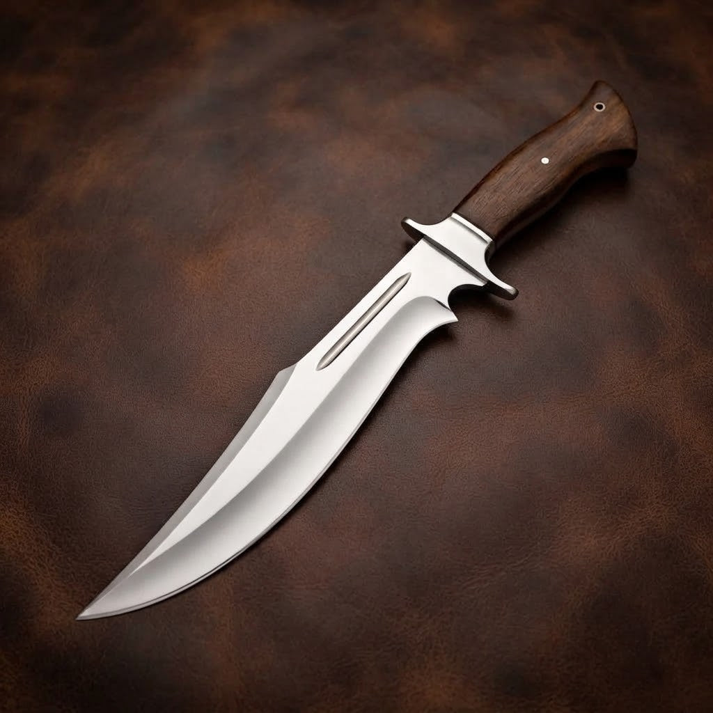 Handcrafted D2 Steel Bowie Hunting Knife with Rosewood Handle and Leather Sheath