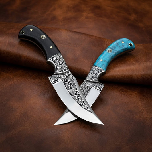 Hand-Engraved D2 Steel Hunting Knife Pair with Turquoise Resin & Wenge Wood Handles