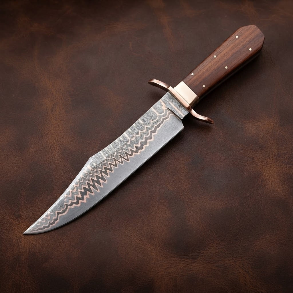 Handcrafted Copper Damascus Bowie Knife with Rosewood Handle & Copper Guard