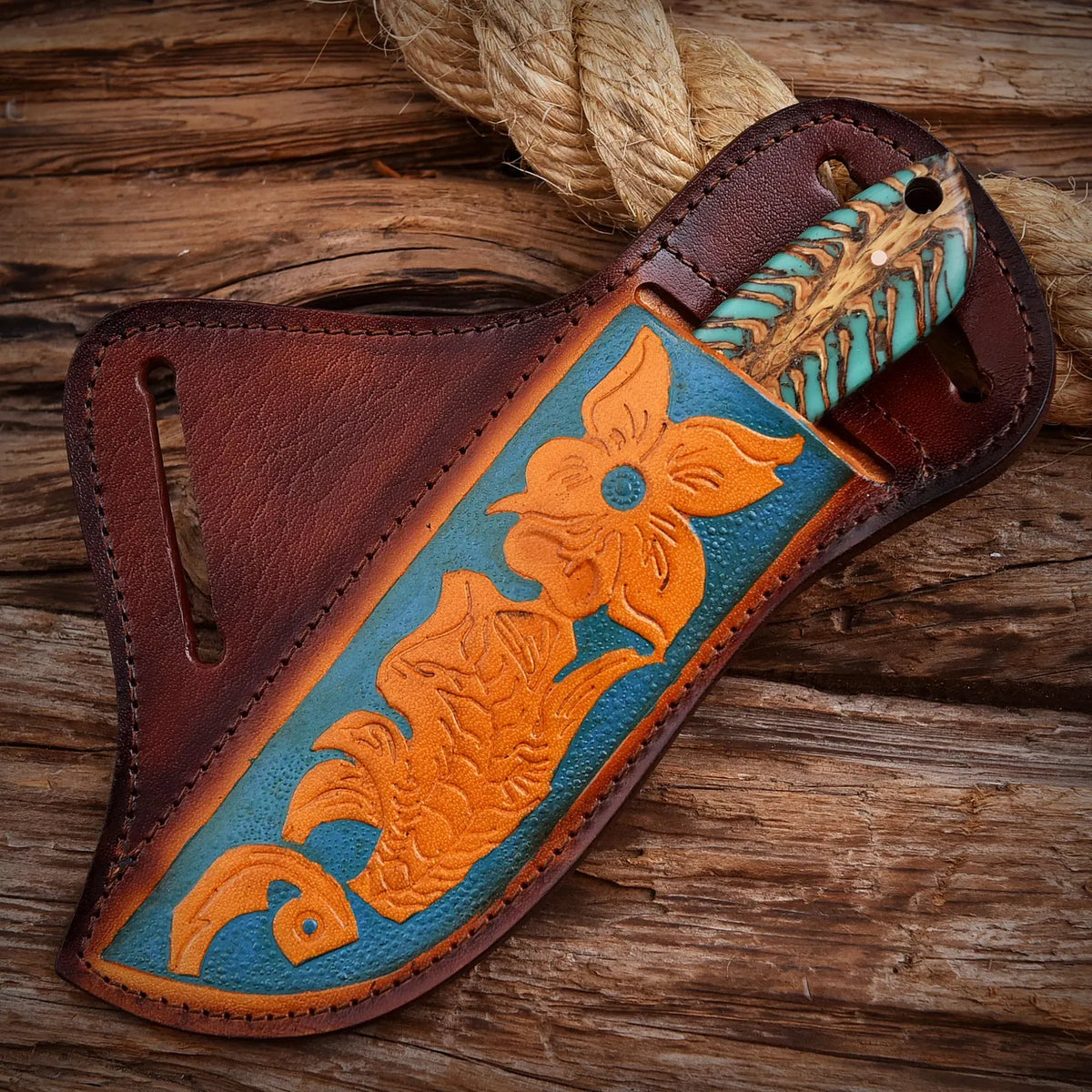 Handcrafted Custom Fixed Blade Skinner Knife Pinecone Handle Copper Bolster & Leather Sheath
