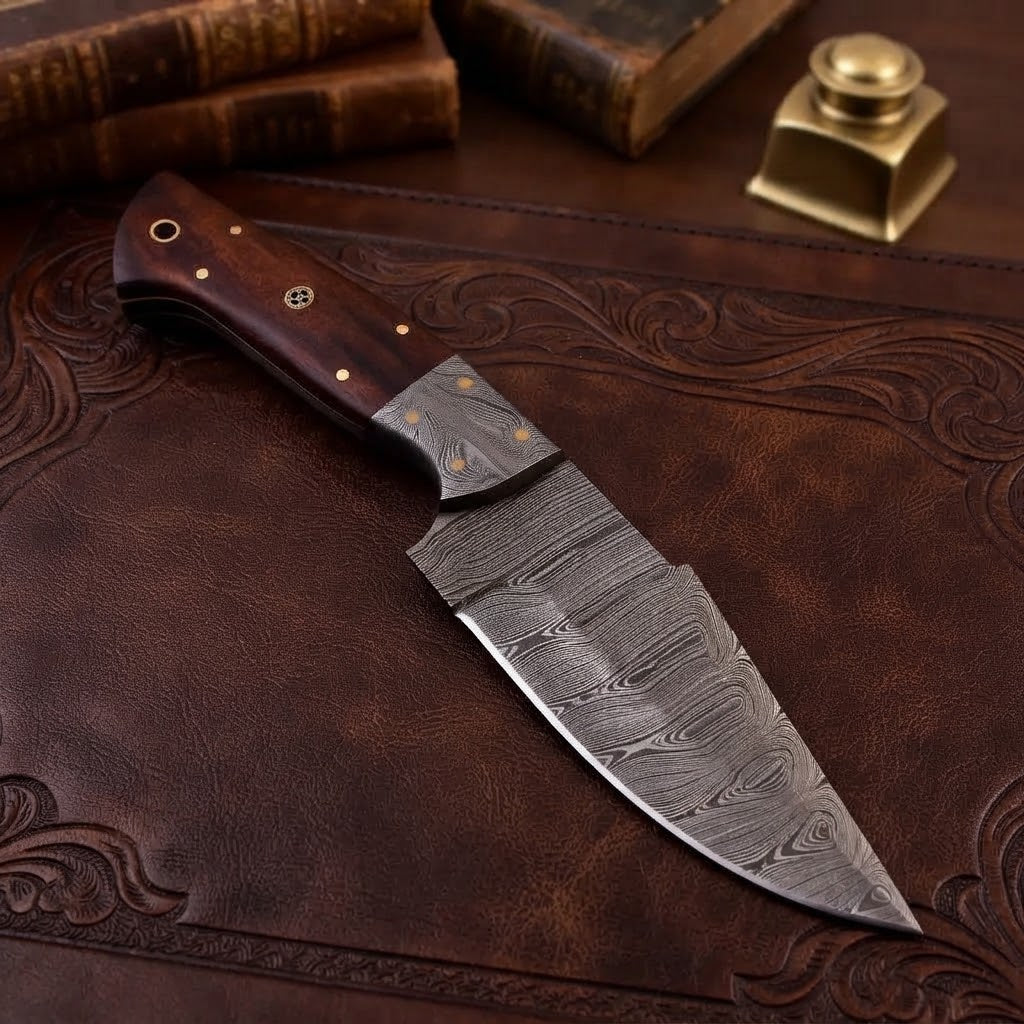 Custom Damascus Fixed Blade Hunting Knife Rosewood Handle Leather Sheath