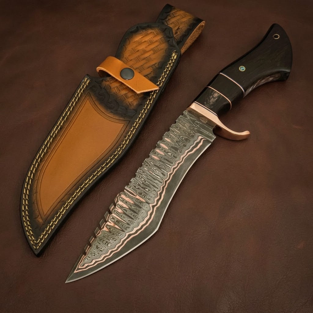 Handcrafted Copper Damascus Steel Bowie Hunting Knife with Premium Buffalo Horn Handle