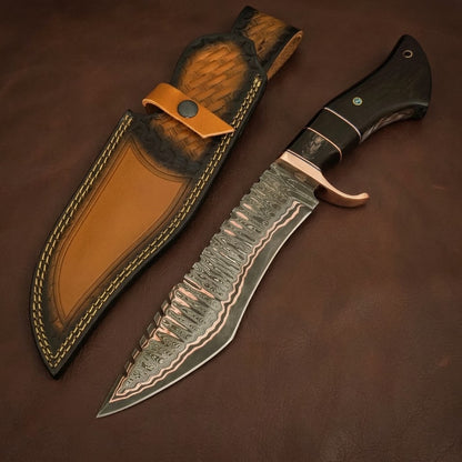 Handcrafted Copper Damascus Steel Bowie Hunting Knife with Premium Buffalo Horn Handle