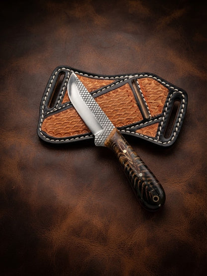 Handcrafted Custom Rasp Blade Cowboy Hunting Knife with Amber Pinecone Handle & Leather Sheath