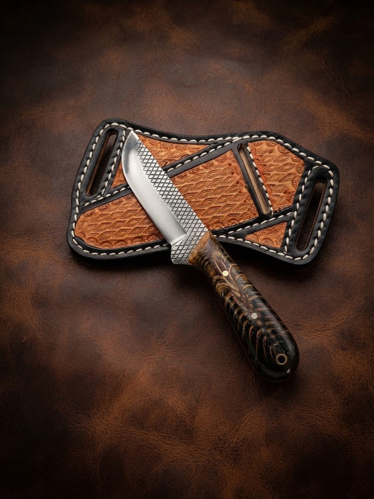 Handcrafted Custom Rasp Blade Cowboy Hunting Knife with Amber Pinecone Handle & Leather Sheath