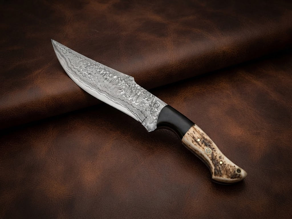 Handcrafted Custom Damascus Bowie Knife with Antler & Resin Handle and Leather Sheath