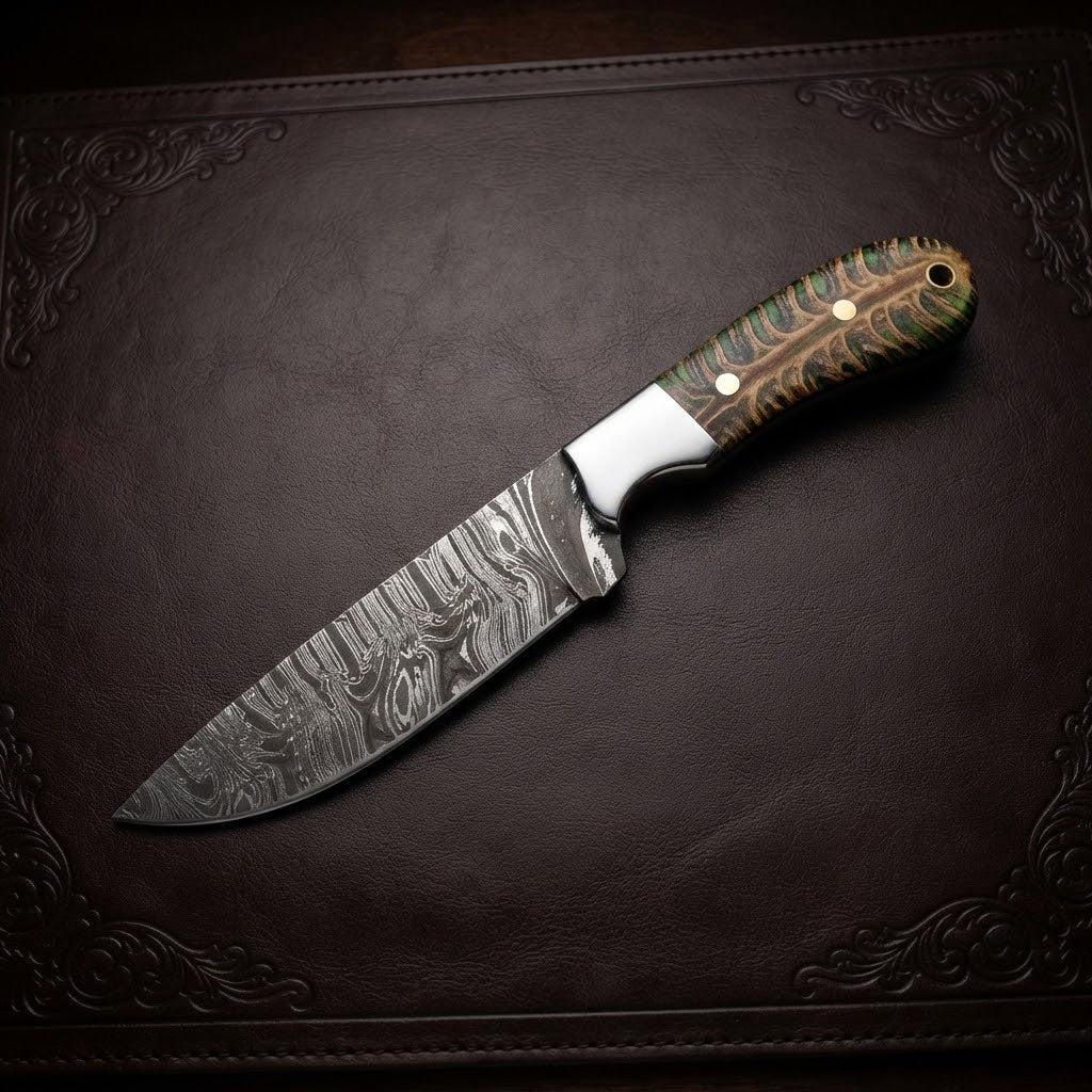 Handmade Damascus Steel Cowboy Knife Pinecone Handle Pancake Leather Sheath