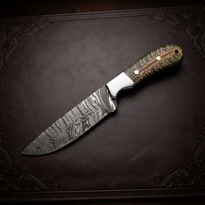 Handmade Damascus Steel Cowboy Knife Pinecone Handle Pancake Leather Sheath
