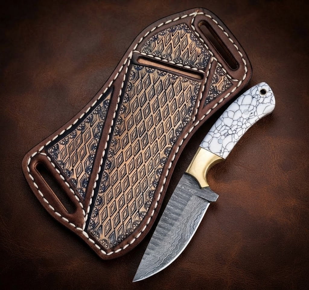 Custom Damascus Cowboy Hunting Knife White Resin Handle & Leather Sheath