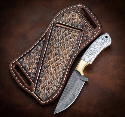 Custom Damascus Cowboy Hunting Knife White Resin Handle & Leather Sheath