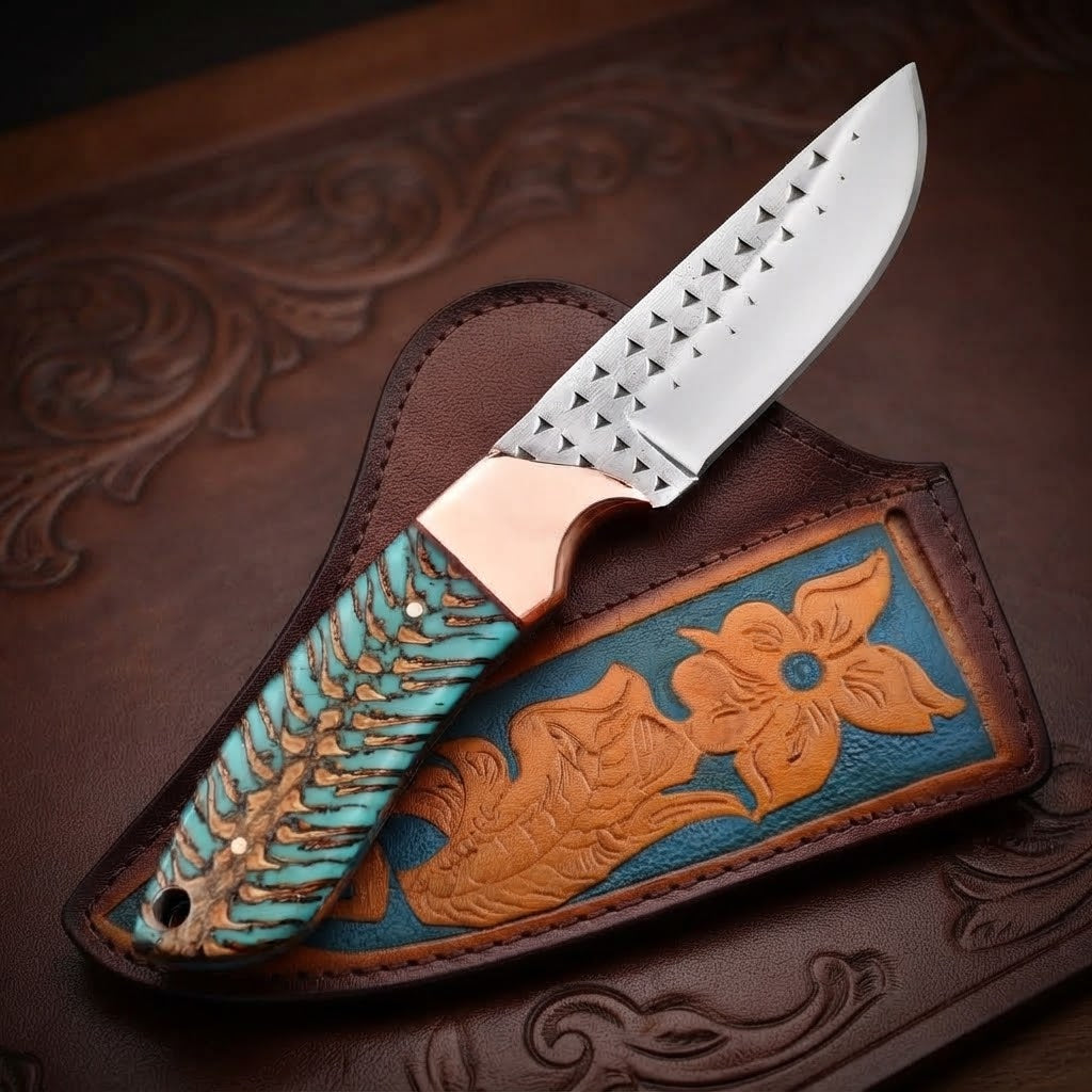 Handcrafted Custom Fixed Blade Skinner Knife Pinecone Handle Copper Bolster & Leather Sheath