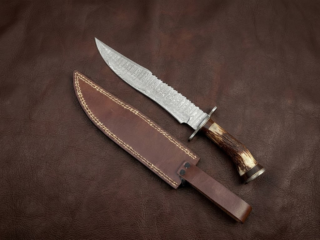 Handcrafted Damascus Steel Bowie Knife with Genuine Deer Antler Handle Custom Hunting Knife