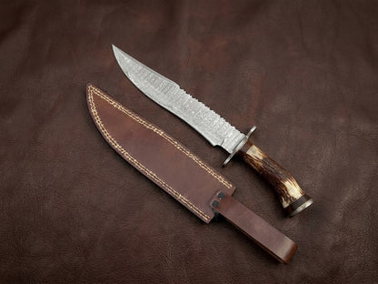 Handcrafted Damascus Steel Bowie Knife with Genuine Deer Antler Handle Custom Hunting Knife