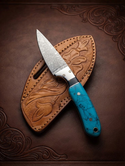 Cowboy Custom Damascus Hunting Knife Fixed Blade with Steel Bolster Resin & Hand-Tooled Leather Sheath