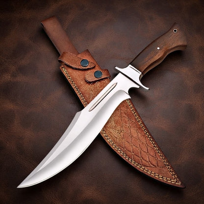 Handcrafted D2 Steel Bowie Hunting Knife with Rosewood Handle and Leather Sheath