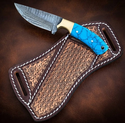Handcrafted Cowboy Hunting Knife with Damascus Steel Blade, Resin Handle & Leather Sheath