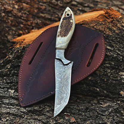Premium Damascus Fixed Blade Hunting Knife with Antler Handle