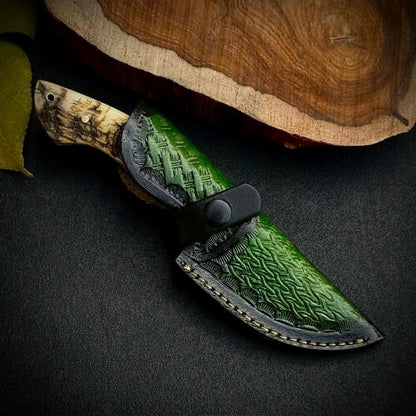 Custom Hand-Forged Damascus Steel EDC Fixed Blade Knife with Custom Leather Sheath