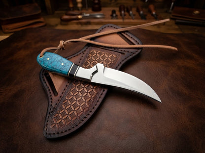 Handmade Cowboy D2 Steel Hunting Knife with Turquoise Resin Handle & Leather Sheath