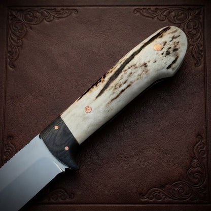Custom Handmade Hunting Knife Stag Antler Handle & Designer Leather Sheath