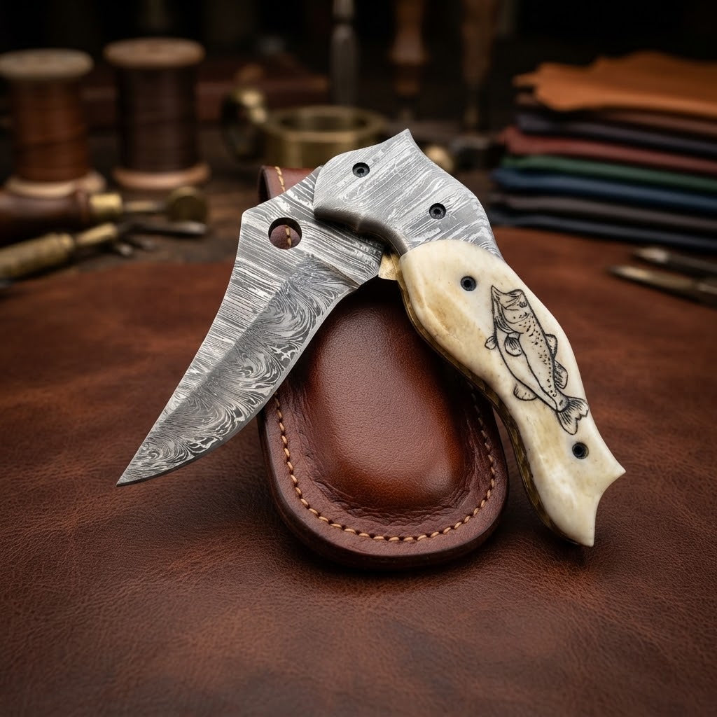Handmade Damascus Folding Knife with Fish Bone Handle & Leather Sheath