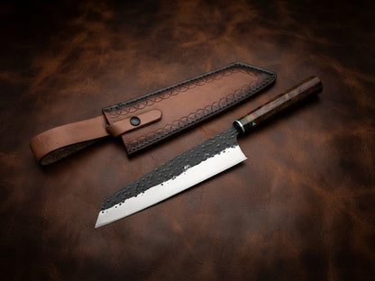 Handcrafted Custom Chef Knife with Rosewood Handle and Forged Blade & Leather Sheath